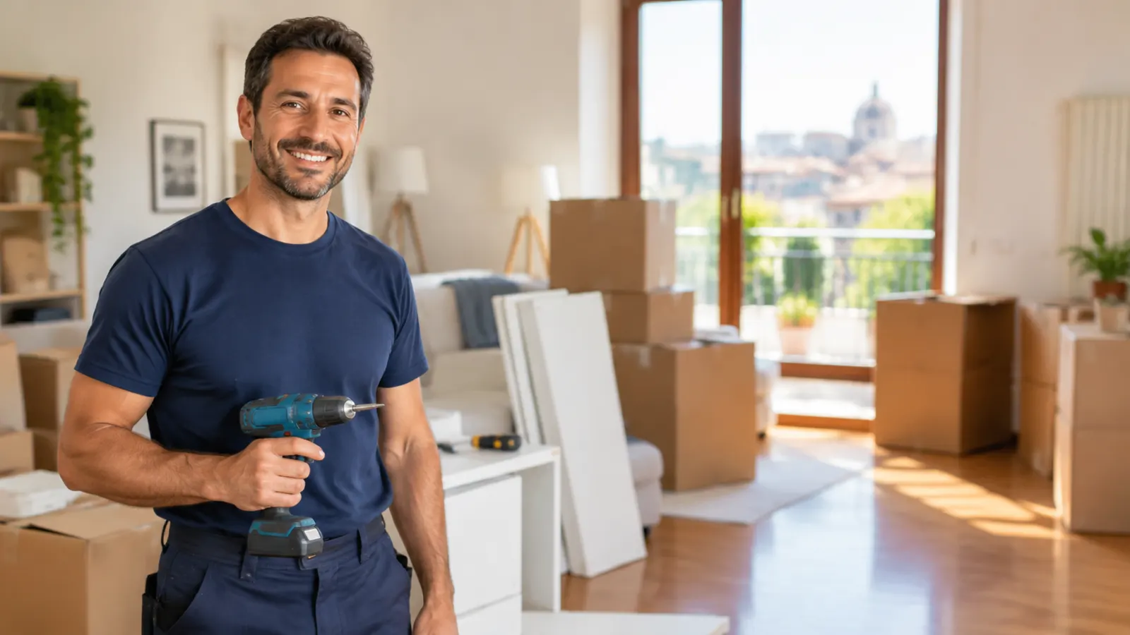 Traslocatore sorridente con avvitatore in mano